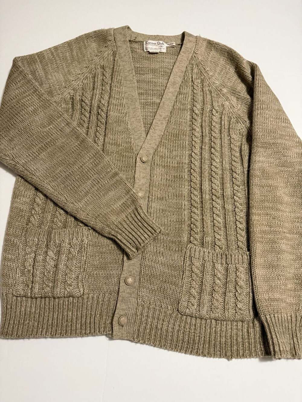 Career Club Cardigan Size 2XL Tall Man Tan Acrylic Cable Knit Sweater